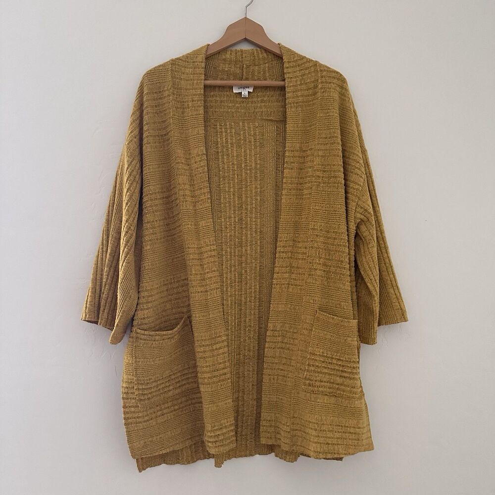 Umgee Mustard Yellow Open Front Cardigan Large Soft Knit Pockets Boho